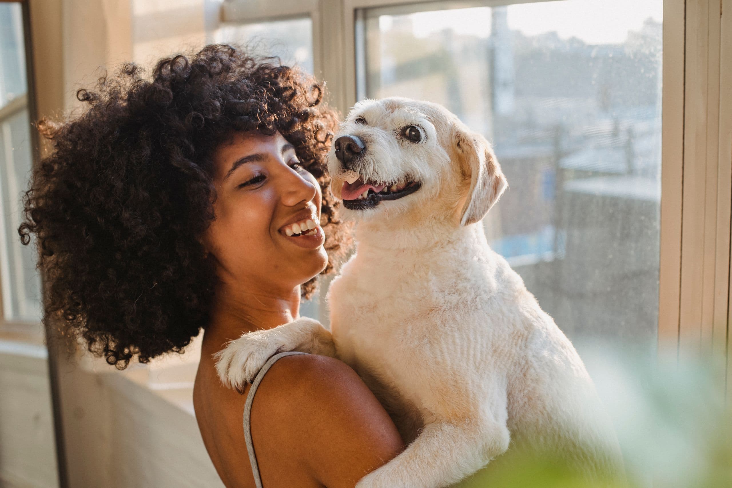 A woman laughing nose-to-nose with her labrador