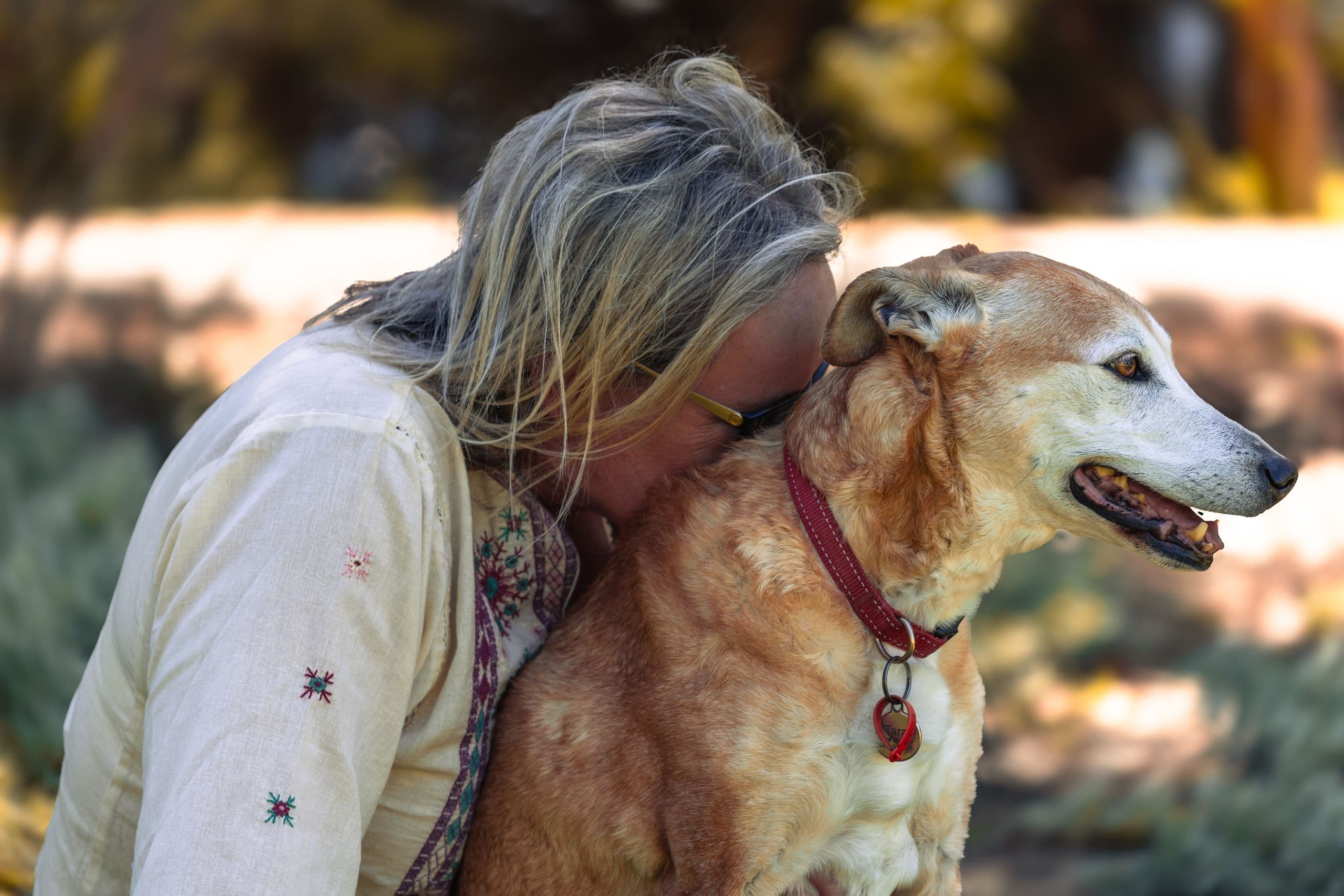 A woman with her arms around her graying senior dog